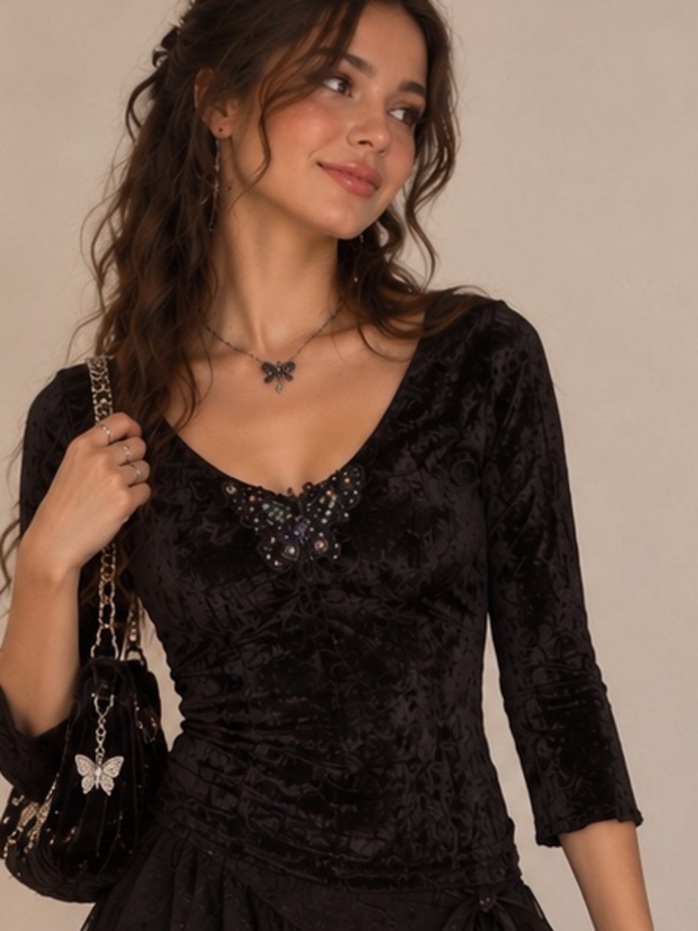 Womens Black Butterfly velvet top